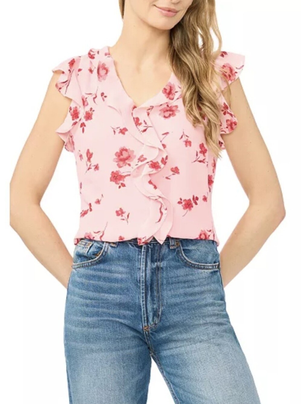 CeCe Pink Blush Floral Ruffle Blouse